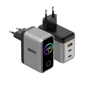 100W GaN 3 Port Fast Wall Charger EU Plug USB C USB A Power Adapter with LED Digital Display for Laptops Phones