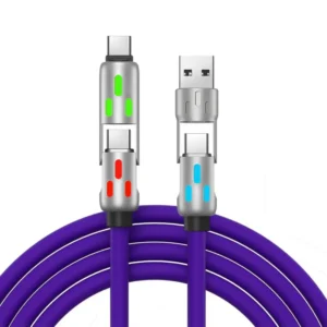1M 2M Multi USB Type C Silicone Cables 240W 4 In 1 Charger Cable With LED Breathing Light Indicator For Phone