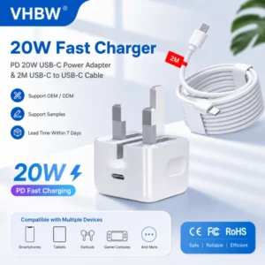 20W PD Type-C Fast Charger Wall Adapter UK Plug with Extended Charging Cable for Mobile Phone