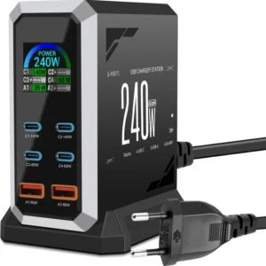 240W GaN³ USB Charging Station 6 Port (4 USB C + 2 USB A) Fast Charger with Digital Display PD 140W/65W Desktop Charging Hub