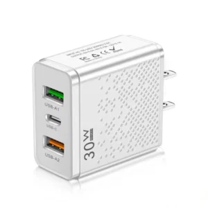 3 Port US EU UK Plug Wall Charger 30W 2USB PD Type-C USB C Mobile Phone Charger Adapter