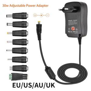 30W Power Adapter 3V 4.5V 5V 6V 7.5V 9V 12V AC DC Charger Converter with 5V 2.1A USB Port and 8pcs Jack Adjustable Power Supply EU