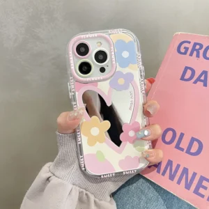 Cute Sweet Love Heart Flowers Mirror Phone Case for iPhone 16 14 13 12 11 15 Pro Max Lovely Hard Shockproof Back Cover