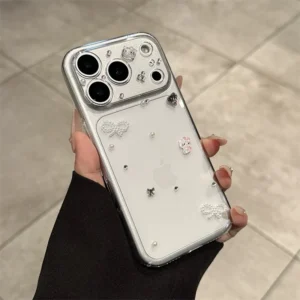 For 17 Pro Max PC Hard Shell Transparent Rhinestone Pearl Cat Bow Tie Phone Case Custom Design Women’s Style iPhone Cover for 16