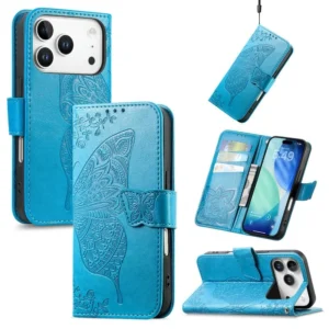 For iPhone 18 17 Pro Max Phone Case Wallet Flip Folio Cover with Credit Card Holders Butterfly Flower Embossed PU Leather Purse