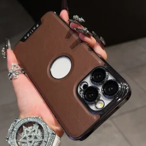 Hollow Logo Electroplate PU Leather Phone Case for iPhone 12 13 14 15 16 Pro Max with Glass Lens Film Protective Hard Cover