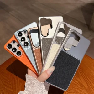 Litchi PU Leather Frosted PC Hard Phone Case for Samsung Galaxy S23 S24 S25FE S26 Ultra Skin Touch Metallic Style Slim Cover