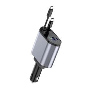 Metal USB Port 4-in-1 Retractable Fast Charging Car Charger Digital Display PD USB Type C Power Supply Adapter
