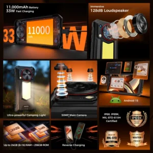 OUKITEL WP53 Pro IP68 Waterproof Rugged Phone 8GB RAM 256GB ROM 50MP Camera NFC 11000mAh Battery Built in Smartphone