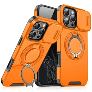 Shockproof Slide Camera Back Cover for iPhone 18 Pro 17 16 Pro Max 360 Ring Stand Phone Case for Samsung for Google for Xiaomi