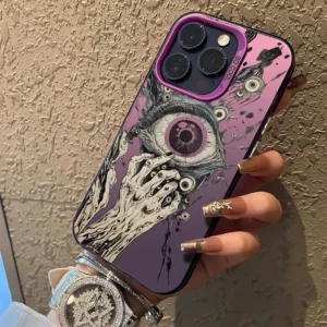 Stylish Devil Eye Halloween Designer Hard Plastic Phone Case for iPhone 11 12 13 14 15 16 17 Pro Max Includes Phone Grip Coque
