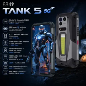 TANK 5 Rugged Phone 17600mAh 120W Charge 220 Lumens DLP Projector Dimensity 9400 5G Android 16 18GB+512GB 3K AMOLED