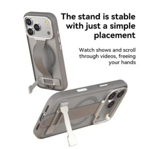 iPhone 17 Pro Max Case Gray Magnetic Stand Cover With Wristband Shockproof Phone Case
